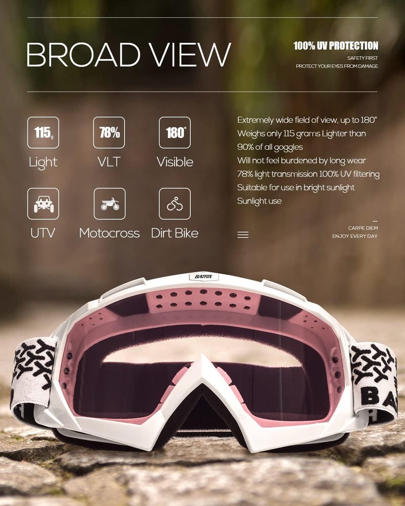 BATFOX Dirt Bike ATV Goggles Motorcycle Gear Riding Motocross Dirtbike 4-Wheeler MX DH Accessories Goggles Glasses for Men Women Youth UV400 Protection Dust-proof Anti-Slip Strap - Image 5